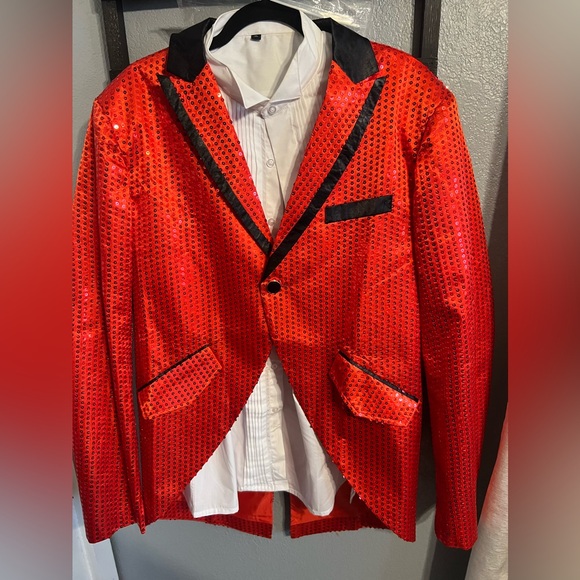 Men's Suit Sequin Lapel Long-Sleeved Tuxedo with White Tuxedo Shirt - Picture 1 of 10